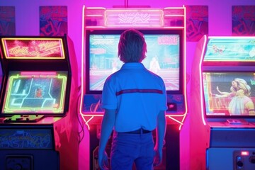 Illustration of a teenager in front of an arcade machine, 80s, retro, neon lights. Generative AI