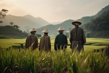 Fototapeta na wymiar Oriental workers in a rice field. Generative AI