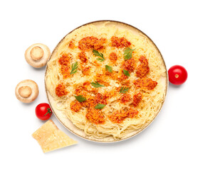 Plate of tasty Italian pasta with Parmesan cheese on white background