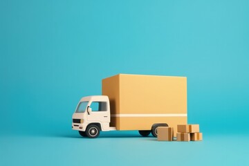 Illustration of blue delivery truck and cardboard boxes, blue background, logistics concept. Generative AI