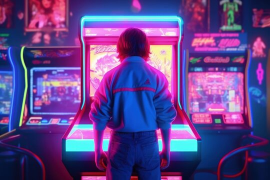 Illustration of a teenager in front of an arcade machine, 80s, retro, neon lights. Generative AI