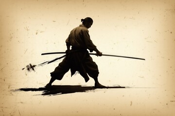 Illustration of samurai with sword, painting style, white background. Generative AI