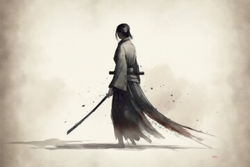 Illustration of samurai with sword, painting style, white background. Generative AI