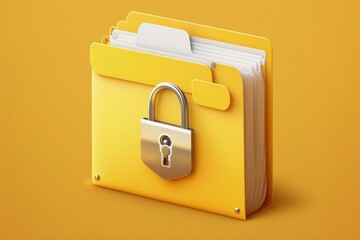 File folder and padlock illustration, privacy concept, yellow background. Generative AI