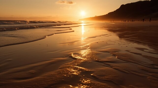 A photograph of a beach at sunset, featuring warm, golden light and long shadows. AI generative