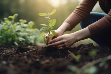 Fototapeta premium Woman planting a tree, forest in the background, concept of environmental preservation. Generative AI