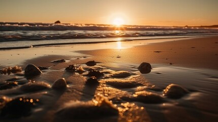 A photograph of a beach at sunset, featuring warm, golden light and long shadows. AI generative