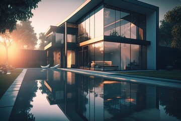 Modern house with swimming pool. AI generated, human enhanced.