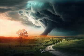 Obraz na płótnie Canvas Tornado In Stormy Landscape. Hurricane wind. Climate Change And Natural Disaster Concept. AI generated, human enhanced