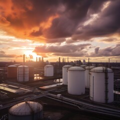 An Overview of the Industry The refinery is an industrial area with cloudy skies and sunrise, as well as oil and natural gas storage tanks. generative ai