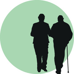 Silueta de pareja de ancianos en fondo circular verde