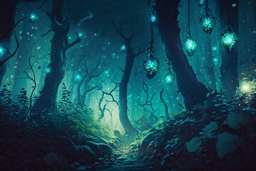 Close-up of a dark and enchanted forest with glowing lights. AI
