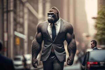 Fototapeta na wymiar Gorilla animal in business suit in the city. AI
