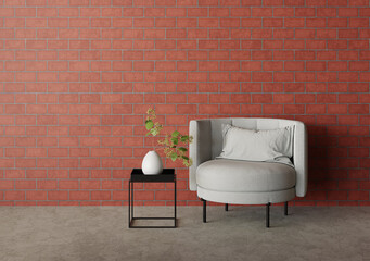 3D Rendering Single Fabric Sofa on Red Brick Wall And Concrete F