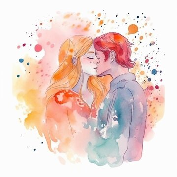 Couple in love hugging and kissing. Young love. ai generated. Watercolor illustration of kissing and hugging couple surrounded by hearts. Romantic date. Valentine's day card. AI generative