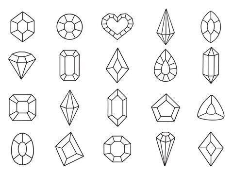 Crystals doodle set. Diamonds, quarts, gems in sketch style. Hand drawn vector illustration isolated on white background
