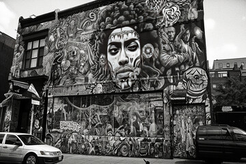 Brooklyn Mural: Enigmatic Face in Monochrome - generative ai