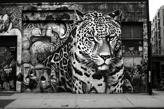 Panther Mural: Black and White Art - generative ai
