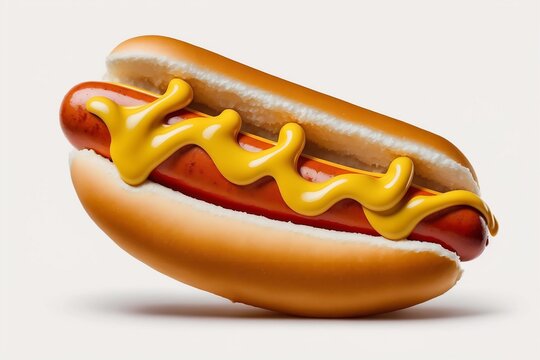 A delicious hotdog with sausage, mustard, mayo, and tomato sauce on a white background. AI