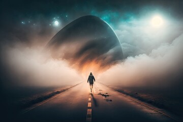 shape of being in space flying and walking on misty road, created with generative ai