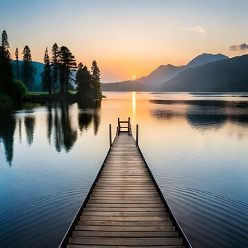 pier with sunset on the lake © Tiago