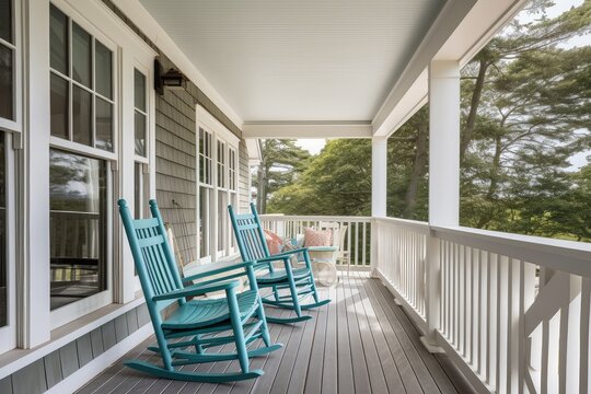 cape cod house with screened-in porch and rocking chairs, created with generative ai