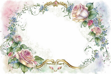 Generative AI. Pale watercolor floral frame on white background - botanical design banner. Floral pastel watercolor, vintage style