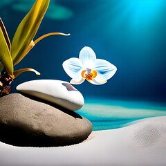 Poetische Reflexion: Orchideenbl&uuml;te und Stein schweben in der t&uuml;rkisblauen Oase | AI-Art