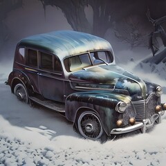 Retro Auto im verschneiten Wald | AI-Art