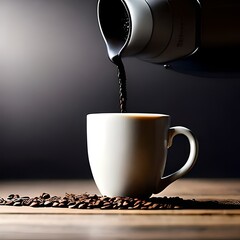 Morgendlicher Zauber: Frisch gebr&uuml;hter Kaffee und verstreute Kaffeebohnen