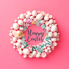  Ester eggs and flowers in circle shape on pastel colorful background greetings card concept,generated ai