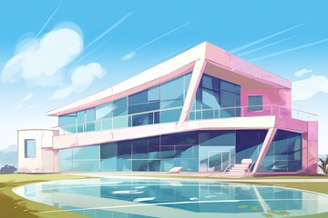 modern pink house with a swimming pool in the foreground. Generative AI