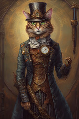 Steampunk Cat. AI generated Illustration.