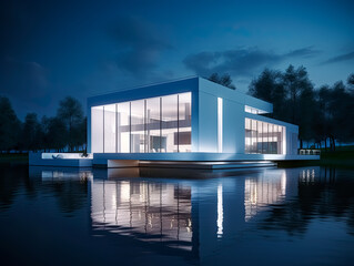 Modern and white house in front of a pool, dark reflections, luminous atmosphere. Generative Ai.