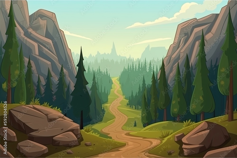 Sticker scenic mountain road in a cartoon style. Generative AI