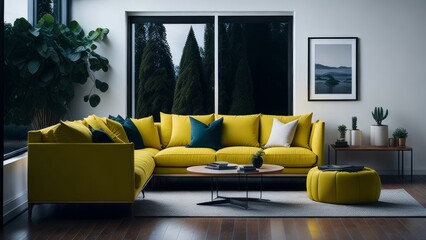 Living room with furniture in colors contrasting with the environment