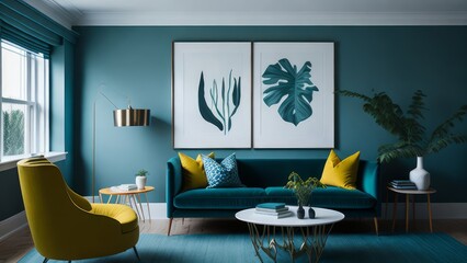 Living room with furniture in colors contrasting with the environment