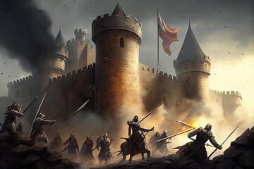 storming a medieval fortress with army of knights and crossbowmen, in the background tower castle, created with generative ai