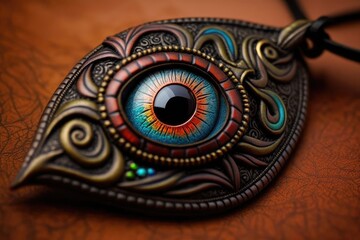evil eye amulet, with intricate design and brilliant colors, on black leather cord, created with generative ai