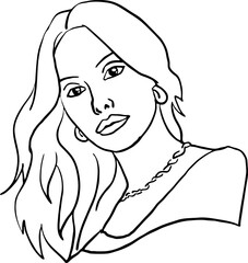 Beautiful young woman looking serious. Model blond girl for beauty salon, hairdressing, cosmetic shop. Girl with long blond hair and big eyes. Hand drawn illustration. Comic cartoon style drawing.