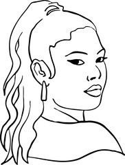 Beautiful young black woman smiling with white teeth. Model girl for beauty salon, hairdressing, cosmetic shop. Girl with long dark hair and big eyes. Hand drawn illustration. Cartoon style drawing.