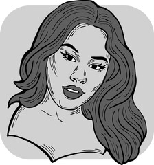 Beautiful young black woman smiling with white teeth. Model girl for beauty salon, hairdressing, cosmetic shop. Girl with long dark hair and big eyes. Hand drawn illustration. Cartoon style drawing.