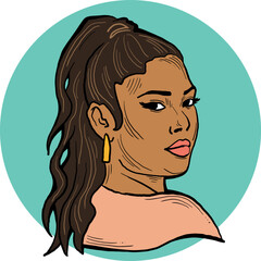 Beautiful young black woman smiling with white teeth. Model girl for beauty salon, hairdressing, cosmetic shop. Girl with long dark hair and big eyes. Hand drawn illustration. Cartoon style drawing.