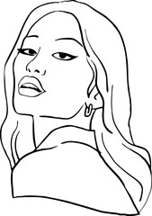 Beautiful young Asian woman looking serious. Model girl for beauty salon, hairdressing, cosmetic shop. Girl with long blond hair and big eyes. Hand drawn illustration. Comic cartoon style drawing.
