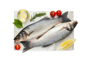 Tasty sea bass fish and ingredients isolated on white, top view