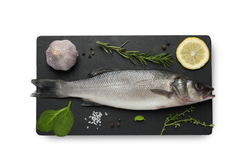 Tasty sea bass fish and ingredients isolated on white, top view