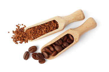Scoops with instant coffee and roasted beans on white background, top view