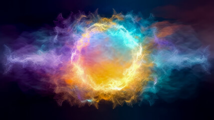 Neon circle clouds with stars and moon, style of abstract colorist, misty atmosphere, color splash. Generative Ai.

