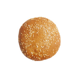 Fresh bun with sesame seeds isolated on white, top view