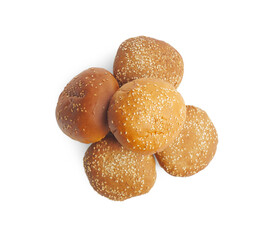 Fresh buns with sesame seeds isolated on white, top view